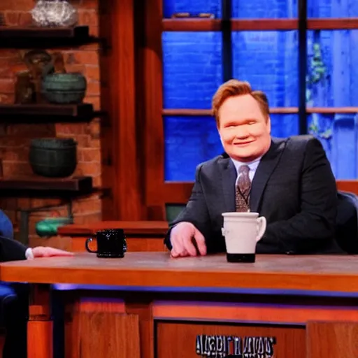 Prompt: andy richter is sitting by himself on the set of the late show with conan o'brien