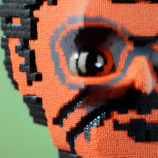 Image similar to close up shot of a pixelated bobble head terence mckenna, depth of field, fstop 1. 3, bokeh