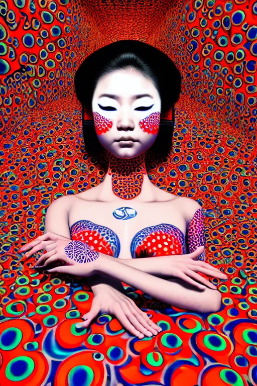 Image similar to realistic detailed image of a geisha laying down in a padded room, conjuring psychedelic background, part by yayoi kusama, part by alex gray, part by ross tran, part by james jean, ultra realistic, highly detailed, 8 k, trending on artstation, very cohesive, masterpiece