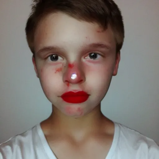 Image similar to 1 0 year old boy with big red lips, pink face, thin eyebrows, puffy cheeks, low quality, selfie