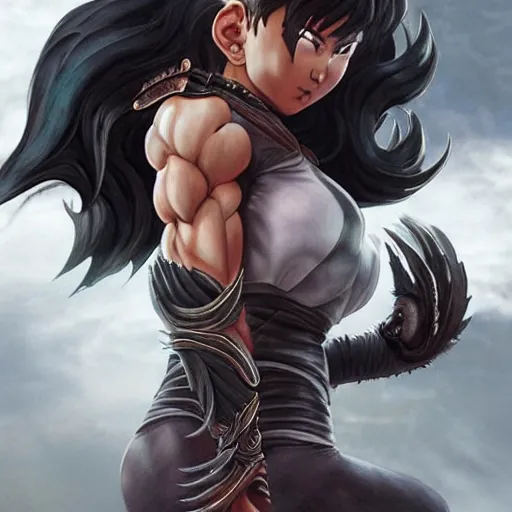 Image similar to warrior girl, muscular girl, wild spiky black saiyan hair, long spiky hair, electrified hair, scimitar, ultra realistic, intricate details, highly detailed, subsurface scattering, photorealistic, octane render, 8 k, art by artgerm, greg rutkowski, magali villeneuve, alphonse mucha