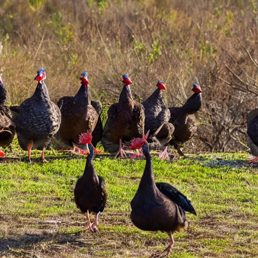 Prompt: group of wild turkeys in a field pecking at a well done steak
