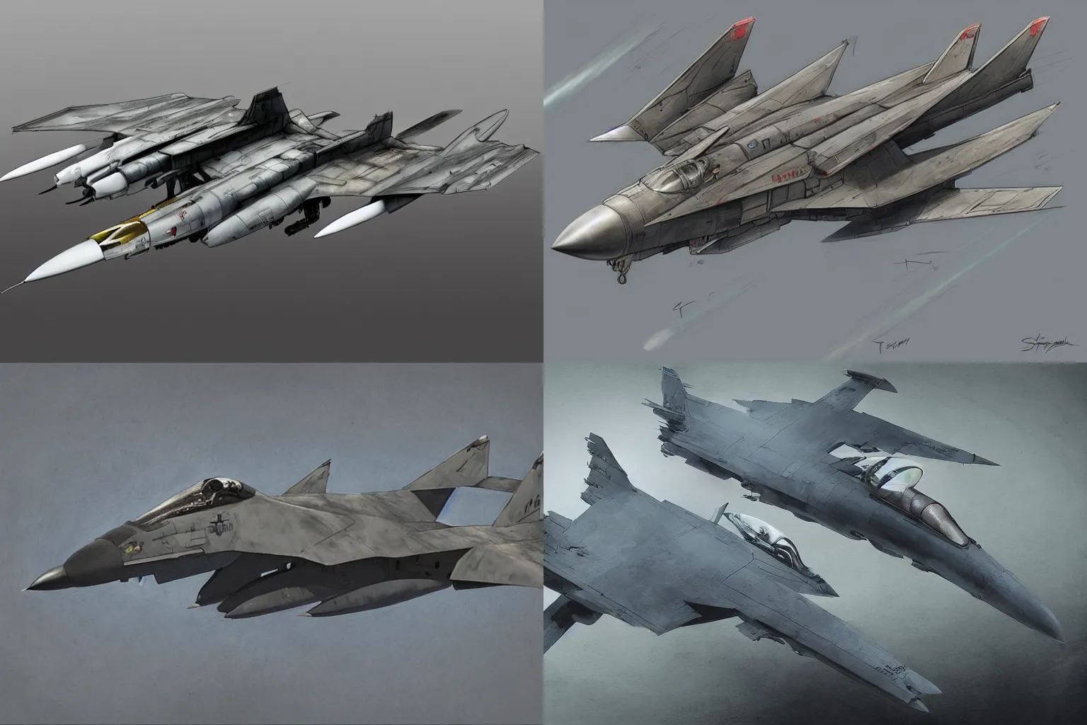 Prompt: iconic fighter jet concept designed by shaun tan, tomcat raptor hornet falcon, style of john kenn mortensen, style of yoshitaka amano