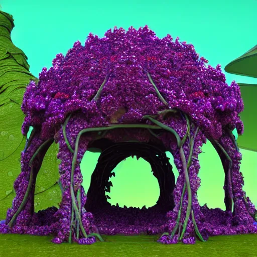 Prompt: A small structure with a dome-shaped roof made from purple vines and some large red flowers with yellow petals at the top, a tall orcish figure stands still inside with its body covered in vines and a large purple crystal at the center, full body render with Vignetting, high-poly count, stylized organic shapes, rendering with Substance Source, detail and texture baked, 8k rendered with Arnold, Vray, Photoshop, ZBrush, Substance Source, Maxwell, Corona and Mental Ray, cinematic lighting and VFX work