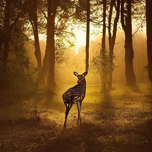 Image similar to a beautiful spotted deer in the woods lit by the morning sky, sunrise, chital, photorealistic, by annie leibovitz and steve mccurry, natural light, canon eos c 3 0 0, ƒ 1. 8, 3 5 mm, 8 k, medium - format print