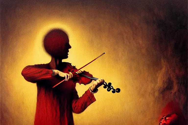 Image similar to surreal concept of the mystery musician with colored smoke playing a violin, in the style of rafał olbinski, in the style of beksinski, intricate and epic composition, red by caravaggio, insanely quality, highly detailed, masterpiece, purple light, artstation, 4 k