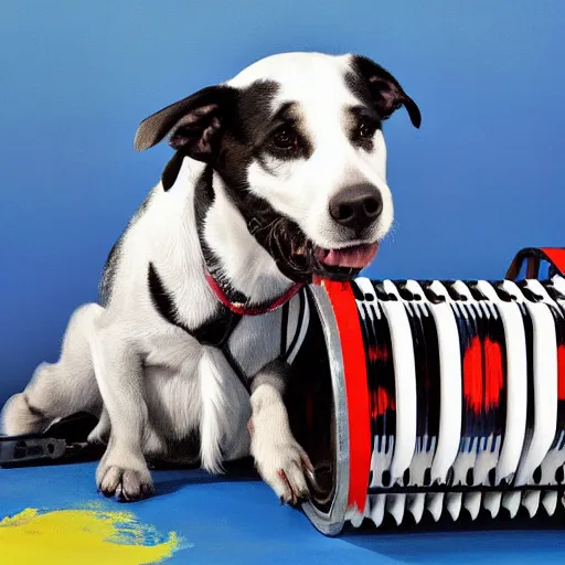 Image similar to a dog plays accordion sitting on the rim of a giant can of paint, its toes dipped into the paint