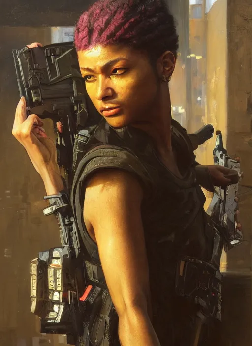 Image similar to maria igwe. cyberpunk mercenary wearing a military vest and combat jumpsuit. (Cyberpunk 2077, bladerunner 2049). Iranian orientalist portrait by john william waterhouse and Edwin Longsden Long and Theodore Ralli and Nasreddine Dinet, oil on canvas. Cinematic, vivid colors, hyper realism, realistic proportions, dramatic lighting, high detail 4k