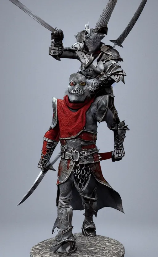 Image similar to Realistic Grey Goblin wearing cape and medieval armor holding a sword, 3D society, trending on artstarion, DND character, by Hirohiko Araki, 8K resolution, miniature, small character, beautiful