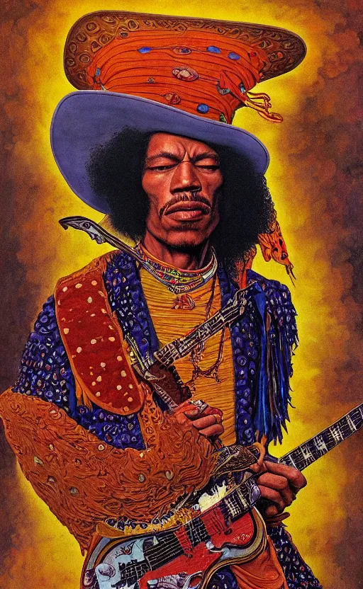Image similar to an astonishing and hilarious jean giraud work of art of jimi hendrix in the style of a renaissance masters portrait, mystical and new age symbolism and tibetan book of the dead imagery, intricately detailed, 4 k
