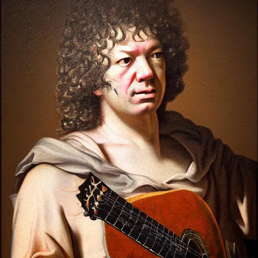 Image similar to A 17th century Baroque Painting of Dean Ween, grainy, realistic, hyperrealistic, very realistic, very very realistic, highly detailed, very detailed, extremely detailed, detailed, digital art, trending on artstation, detailed face, very detailed face, very detailed face, realism, HD Quality, 8k resolution, intricate details, body and head in frame, painting, oil painting, trending on deviantart, Baroque Painting