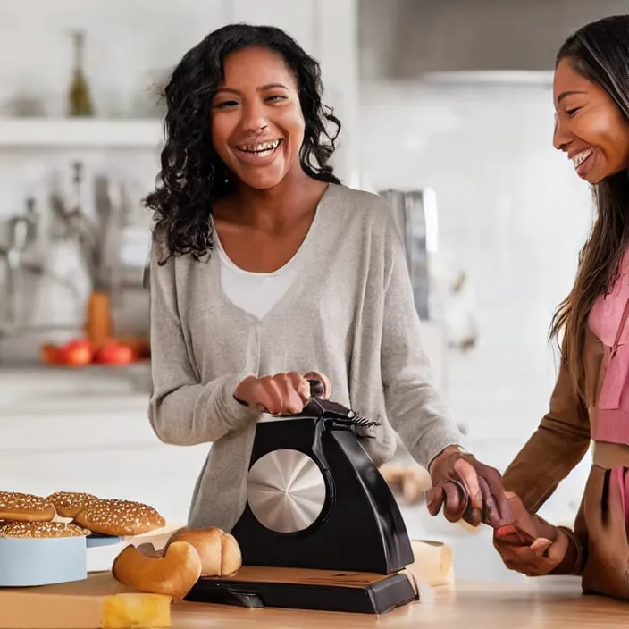 Image similar to a woman that is extremely happy about a young woman receiving her new bagel slicer from the future in the mail from amazon, 8 k,