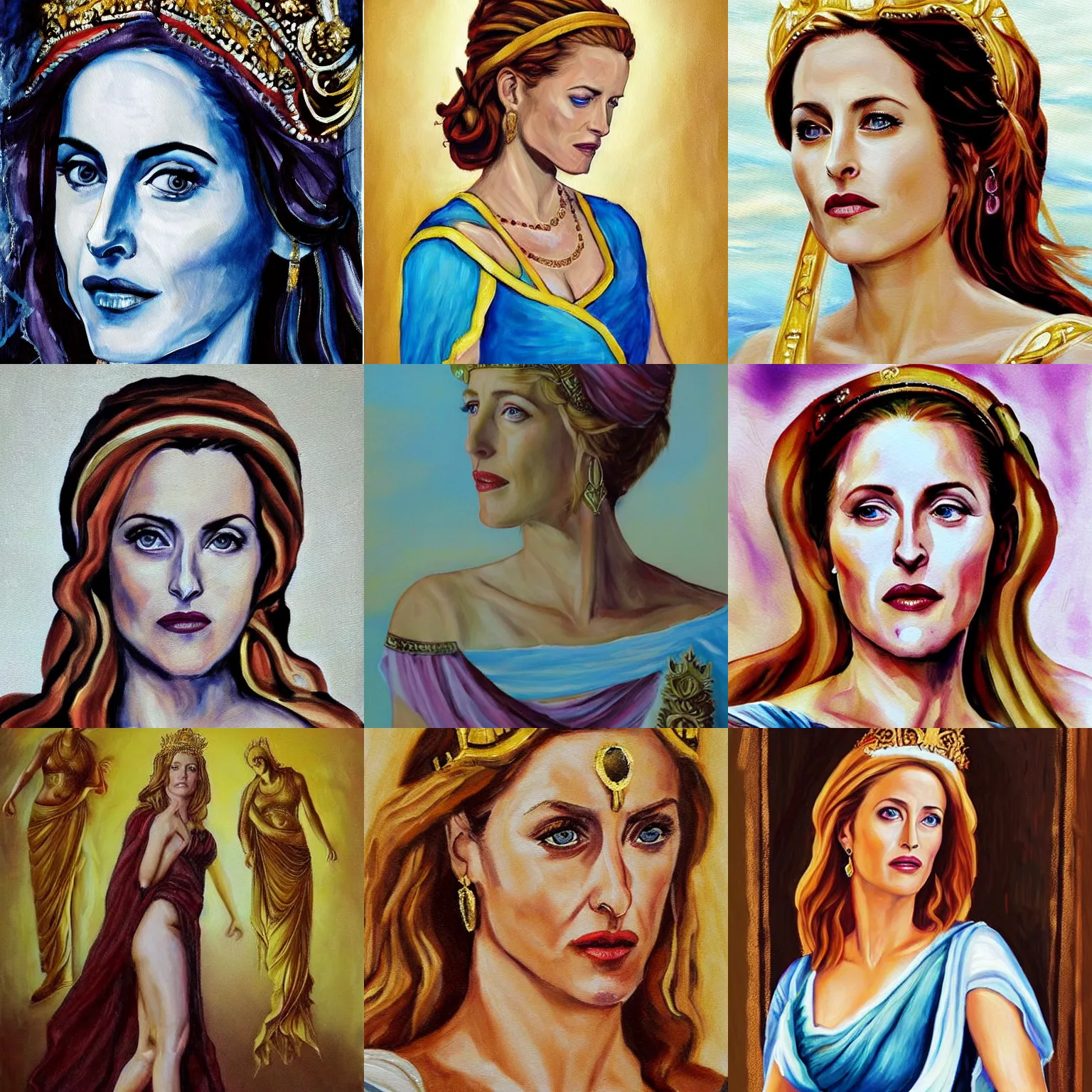 Prompt: Gillian Anderson as a beautiful Greek Godess, Painting,