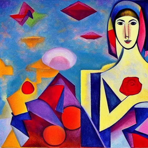 Image similar to woman in glorious robes rose up vast as the skies, old as the mountains and formless as starlight to shelter the precious memories, matter, messages, abstract art in the style of cubism and georgia o keefe