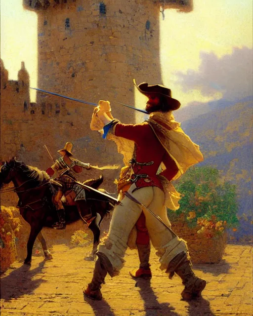 Image similar to attractive musketeer watches an army approach, he is on a castle wall, painting by gaston bussiere, craig mullins, j. c. leyendecker