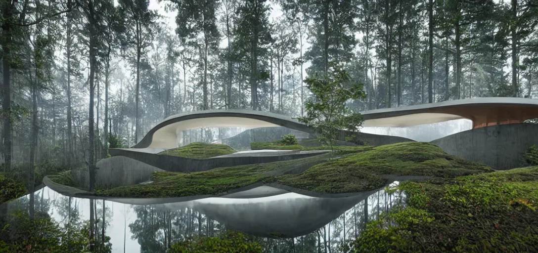 Image similar to curved roof planes lift and descend creating shade and architectural expression, highly detailed, situated in the forest, next to a highly reflective lake, marble, vivid color, high resolution photography, mist, luxury