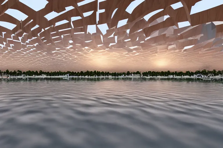 Image similar to 2 0 white round soft egg shaped buildings intersect up and down to form a post - modern building, by pierre bernard, on the calm lake, people's perspective, future, interior wood, dusk, unreal engine highly rendered, global illumination, radial light, internal environment
