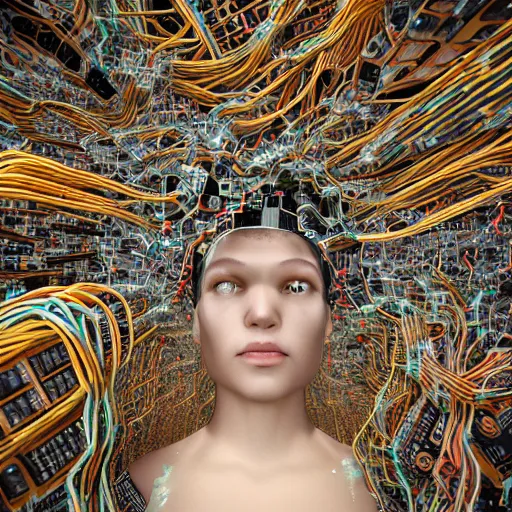 Image similar to swimming deeper into the multiverse, piles of modular synth cables mixed with mangrove roots, kawaii puerto rican goddess chilling out wearing a headpiece made of circuit boards, by cameron gray, wlop, stanley kubrick, masamune, hideki anno, jamie hewlett, unique perspective, trending on artstation, 3 d render, vivid