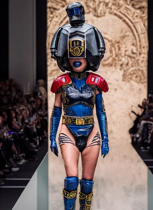 Image similar to hyperrealistic and heavy detailed versace runway show of judge dredd, leica sl 2 5 0 mm, vivid color, high quality, high textured, real life