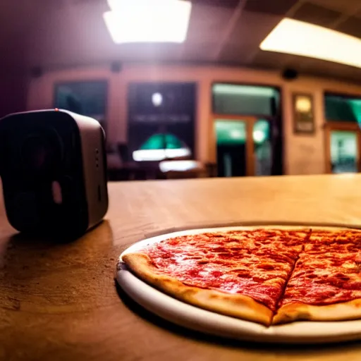Image similar to gopro footage of a middle aged man eating a slice of pizza in the backrooms, iso 8 0 0, low depth of field, cinematic, volumetric lighting
