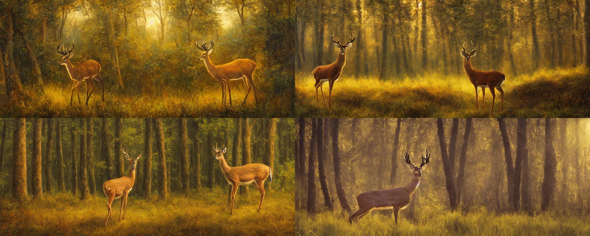 Prompt: oil painting of a majestic deer standing in a grassy clearing in a dense forest, golden hour, morning, soft focus, wide angle, american romanticism