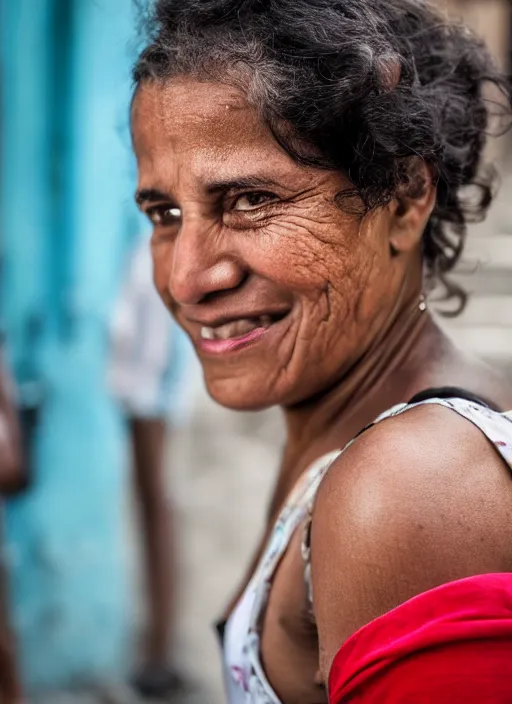 Image similar to close up portrait of a beautiful, 30-year-old woman from Cuba, happy, candid street portrait in the style of Martin Schoeller, award winning, Sony a7R