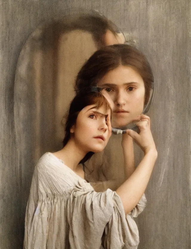 Image similar to portrait of peasant girl looking in a mirror, Cinematic focus, Polaroid photo, vintage, neutral colors, soft lights, foggy, by Steve Hanks, by Serov Valentin, by lisa yuskavage, by Andrei Tarkovsky 8k render, detailed, oil on canvas