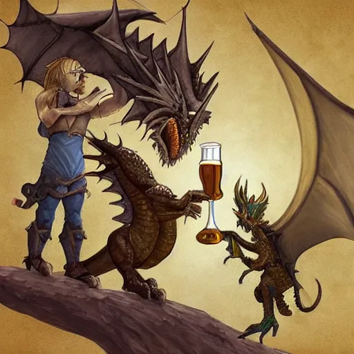 Image similar to a dward and a dragon drinking a beer, fantasy art, anime