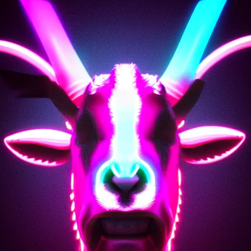 Image similar to synthwave demonic goat face with neon horns, detailed face, sharp focus, synthwave art, aesthetic, octane render, raw, cinematic