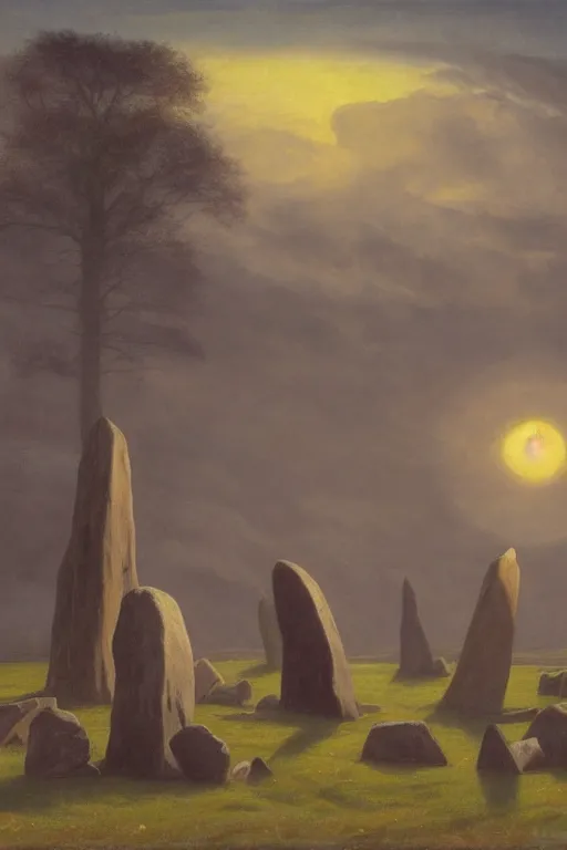 Image similar to circle of standing stones at dawn, dramatic cinematic lighting, rich colors, by William Dyce and ford madox brown and April Gornik and Caspar David Friedrich and Diego Rivera, featured on artstation