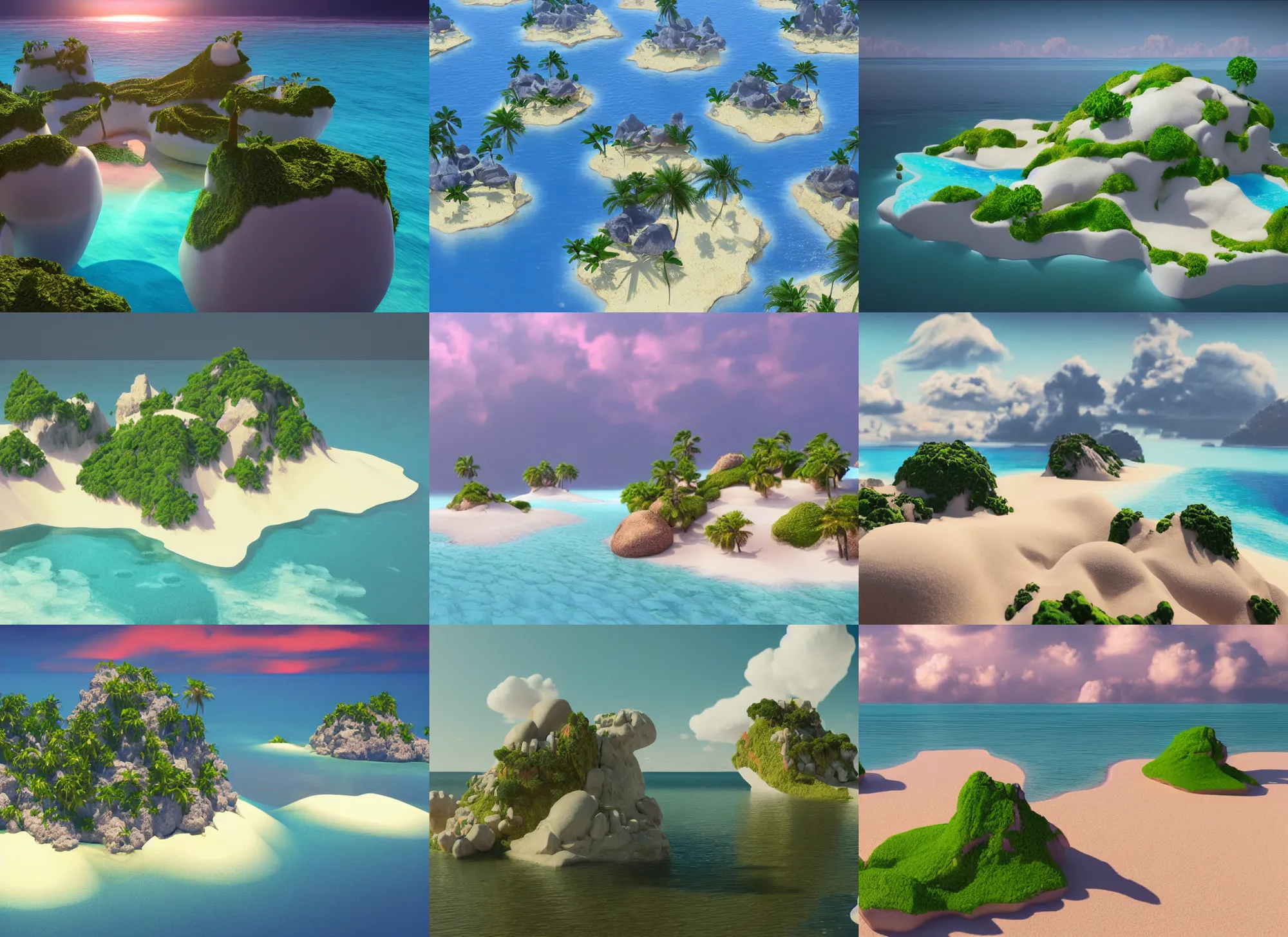 Prompt: 3 d render of many small floating islands in the sky overlooking a beautiful beach, octane render, unreal engine, vivid colours, trending on art station