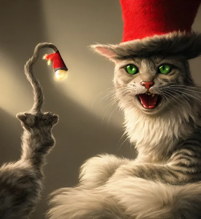 Prompt: complex 3 d render, hyper detailed, ultra sharp, of the cat in the hat, scary, fluffy, cinematic, natural soft light, rim light, art by greg rutkowski and moebius, dr seuss