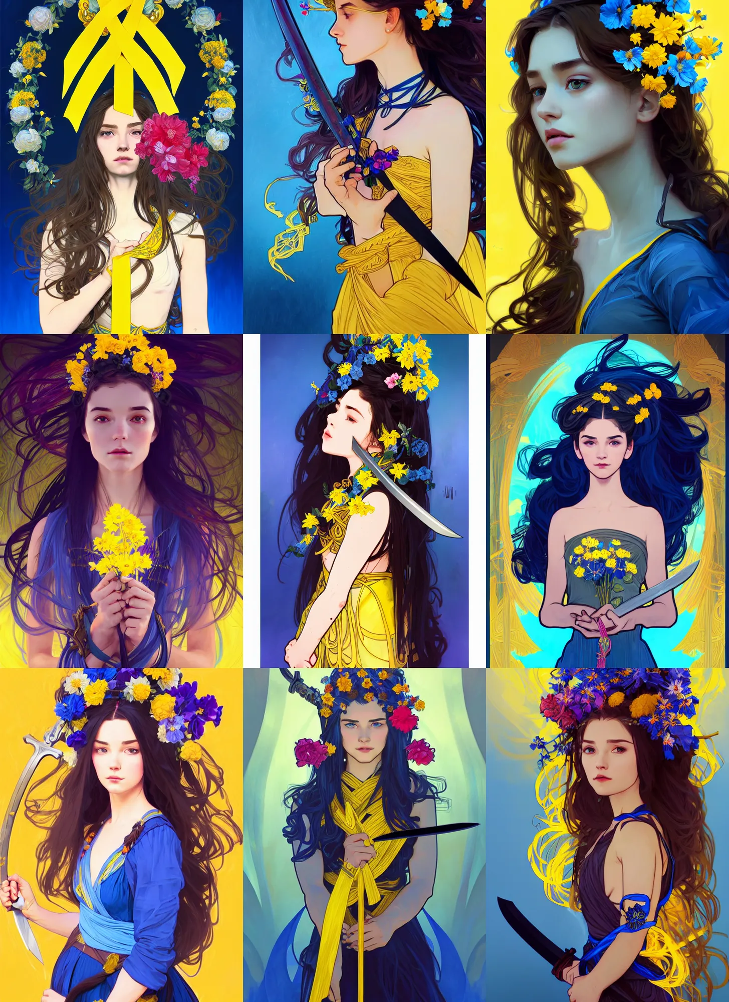 Prompt: character concept portrait girl with flowers in her hair and a sword in her hands, blue and yellow ribbons, black dress, fire, beautiful, voluminous, complex, elegant, highly detailed, digital painting, artstation, concept art, symmetry, smooth, sharp focus, illustration, art by mandy juergens, alphonse mucha and alena aenami