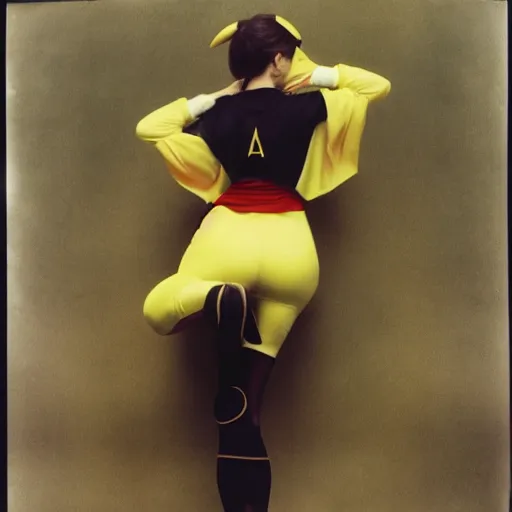 Image similar to elegant athletic woman dressed up as pikachu, art photo by Annie Liebovitz and David Hamilton and Alphonse Mucha