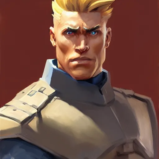 Prompt: greg manchess portrait painting of partially armored guile from street fighter as overwatch character, medium shot, asymmetrical, profile picture, organic painting, sunny day, matte painting, bold shapes, hard edges, street art, trending on artstation, by huang guangjian and gil elvgren and ross tran