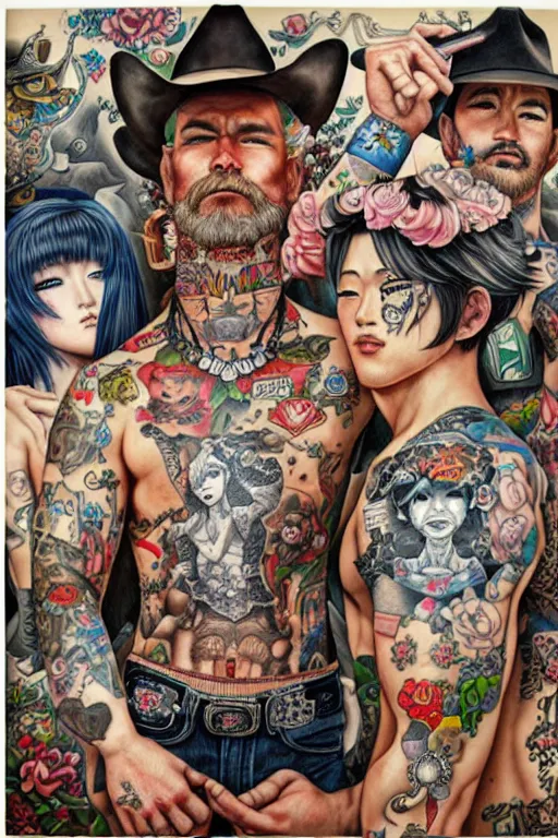 Prompt: full view, from a distance, of cowboys with tattoos, style of yoshii chie and hikari shimoda, highly detailed