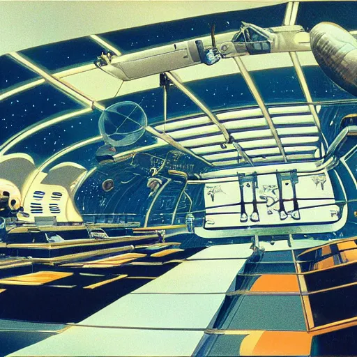 Image similar to ultra wide angle interior view of a space station, hanging gardens, oxen, by syd mead