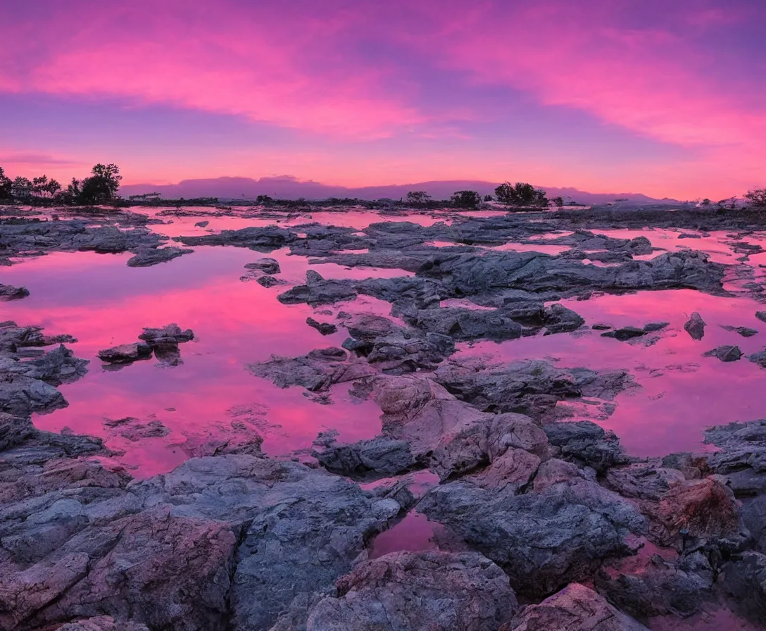 Prompt: majestic landscape, beautiful environment, pink sky, sunset, calm, serene