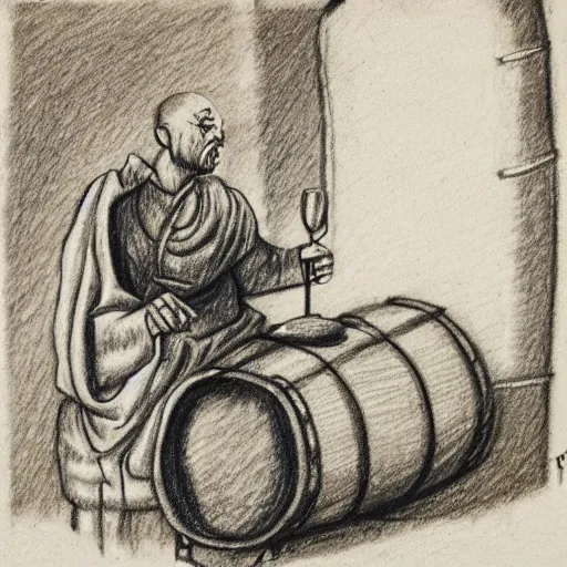 Prompt: charcoal sketch of a monk drinking wine next to a barrel, medieval style