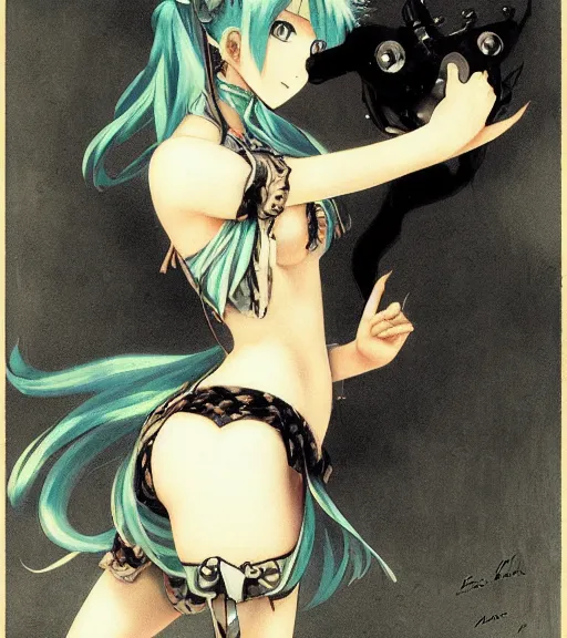 Prompt: Anime art very beautiful Hatsune miku by Gil Elvgren, Earl Moran, Enoch Bolles, symmetrical shoulders, by Gustave Doré, by Marco Turini, Deviantart