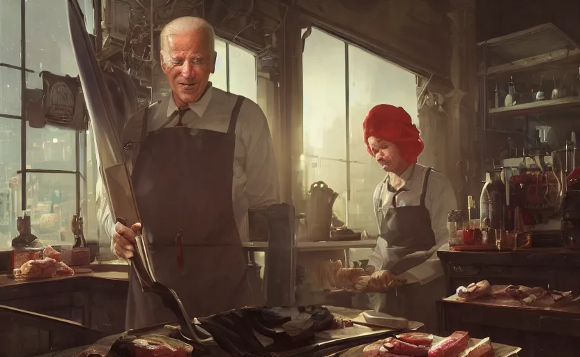 Image similar to highly detailed image of joe biden as a butcher, in gta v, stephen bliss, unreal engine, fantasy art by greg rutkowski, loish, rhads, ferdinand knab, makoto shinkai and lois van baarle, ilya kuvshinov, rossdraws, tom bagshaw, global illumination, radiant light, detailed and intricate environment