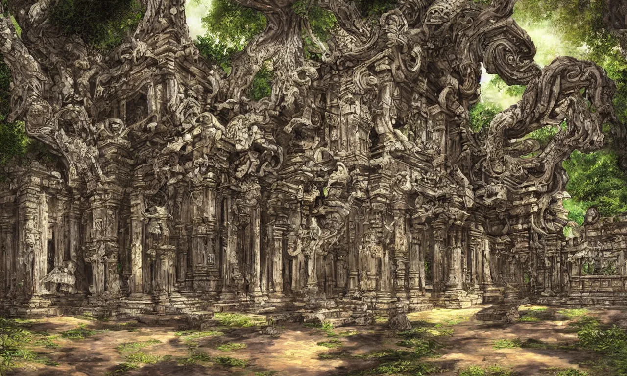 Image similar to hidden biomechanical ancient temple in a beautiful sri lankan landscape, concept art, intricate detail, volumetric shadows and lighting, realistic oil painting,