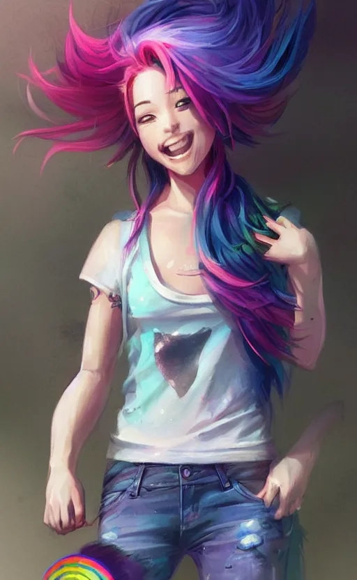 Image similar to a kawaii woman with rainbow hair smiling, tanktop and jeans, In style of by Jordan Grimmer and greg rutkowski, concept art, highly detailed