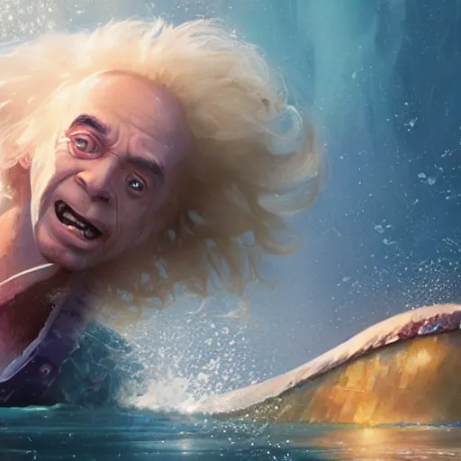 Image similar to doc brown as arielle the mermaid in water, deep sea, studio ghibli, disney animation, sharp, anime key art by greg rutkowski, bloom, dramatic lighting