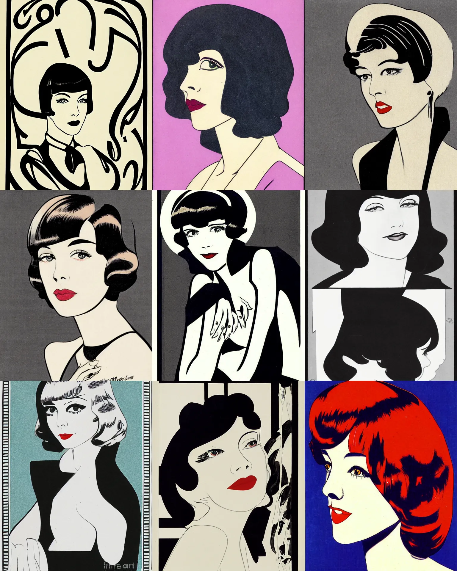 Prompt: Colleen Moore 25 years old, bob haircut, portrait by Patrick Nagel, 1920s, patterned