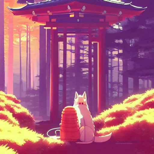 Prompt: a high detail shrine jinja with kitsune fox by Tomas Sanchez and Simon Stålenhag and krenz cushart and ilya kuvshinov. pixiv fanbox skeb.jp clipstudio medibang ichi-up CGWORLD key visual manga cover