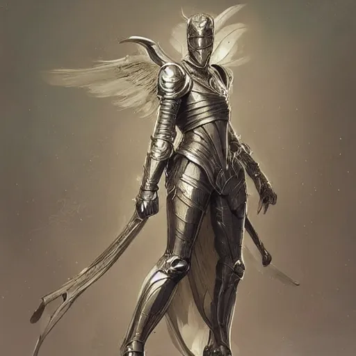 Prompt: knight with a Platinum Armor, full body,Wings on the head，portrait, intricate, elegant, highly detailed, digital painting, artstation, concept art, smooth, sharp focus, illustration, art by artgerm and greg rutkowski and alphonse mucha