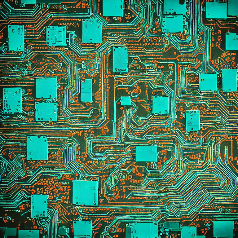 Image similar to exposed circuit boards, film photo, soft lighting album cover, nostalgia, turquoise gradient