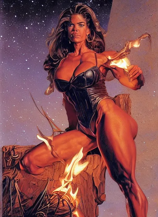 Image similar to portrait of a very muscled Denise Richards as a heroine glaring into the camera, torches and fireflies and night, very crispy, art by Donato Giancola, Joseph Christian Leyendecker, WLOP, Boris Vallejo, Artgerm