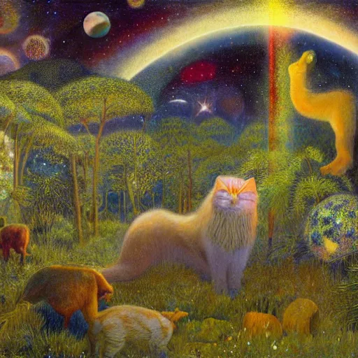 Image similar to psychedelic small cats hidden lush pine forest, outer space, milky way, designed by arnold bocklin, jules bastien - lepage, tarsila do amaral, wayne barlowe and gustave baumann, cheval michael, trending on artstation, star, sharp focus, colorful refracted sparkles and lines, soft light, 8 k 4 k